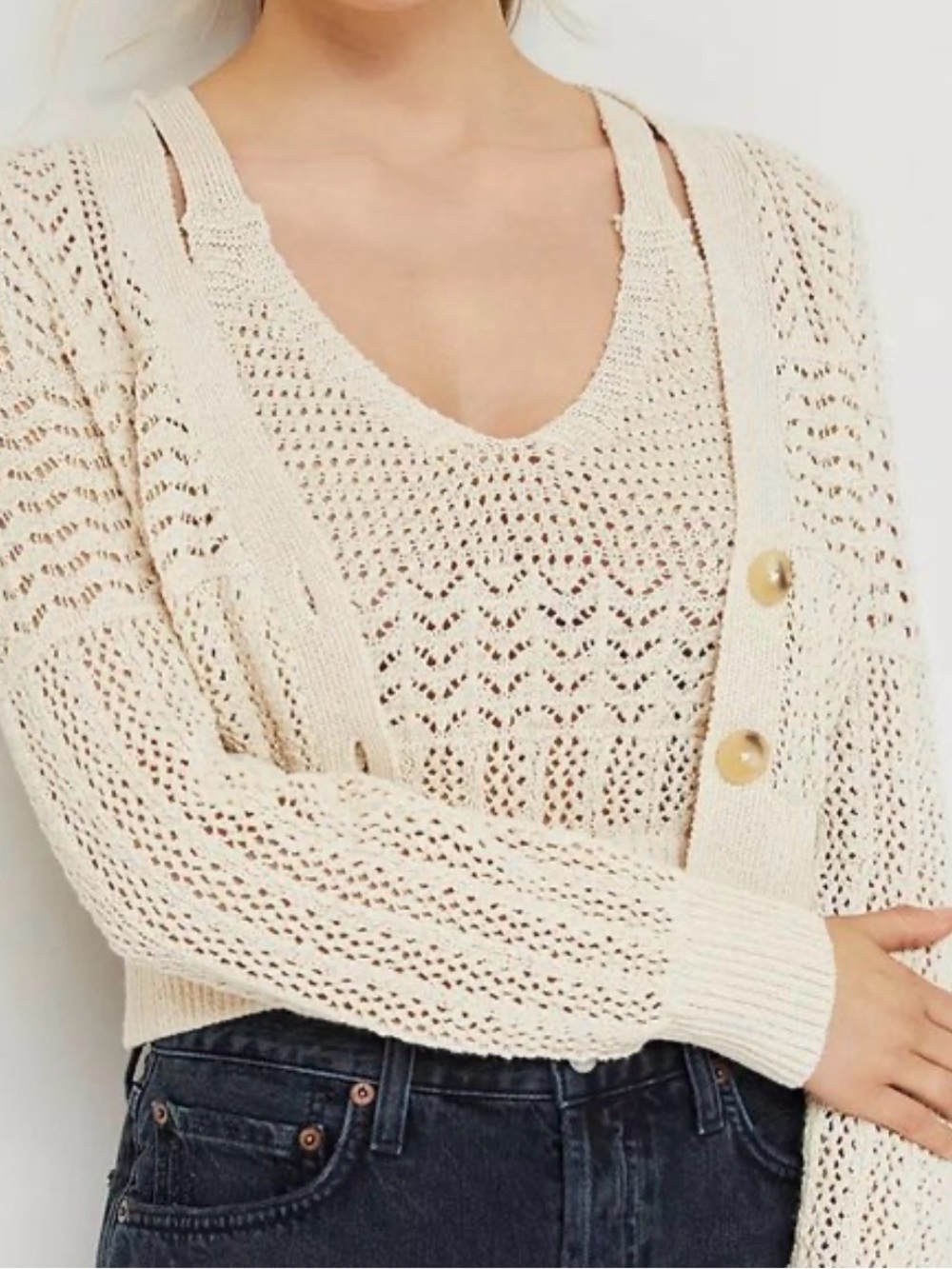 Anthropologie 2-Piece Open Knit Sweater Set in Ivory • Cardigan & Tank • XS